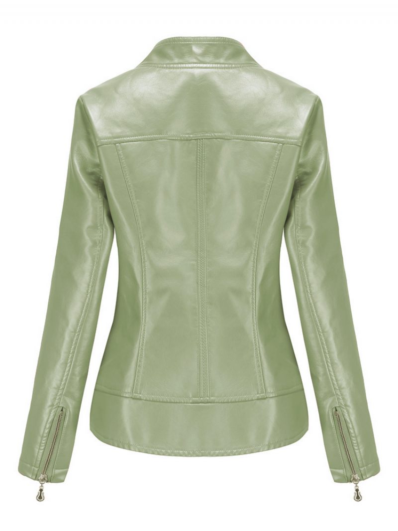Veste Moto Cuir Pu Avec Fermeture Éclair Vêtements D'extérieur Motard Printemps Pour Femmes - Sauge