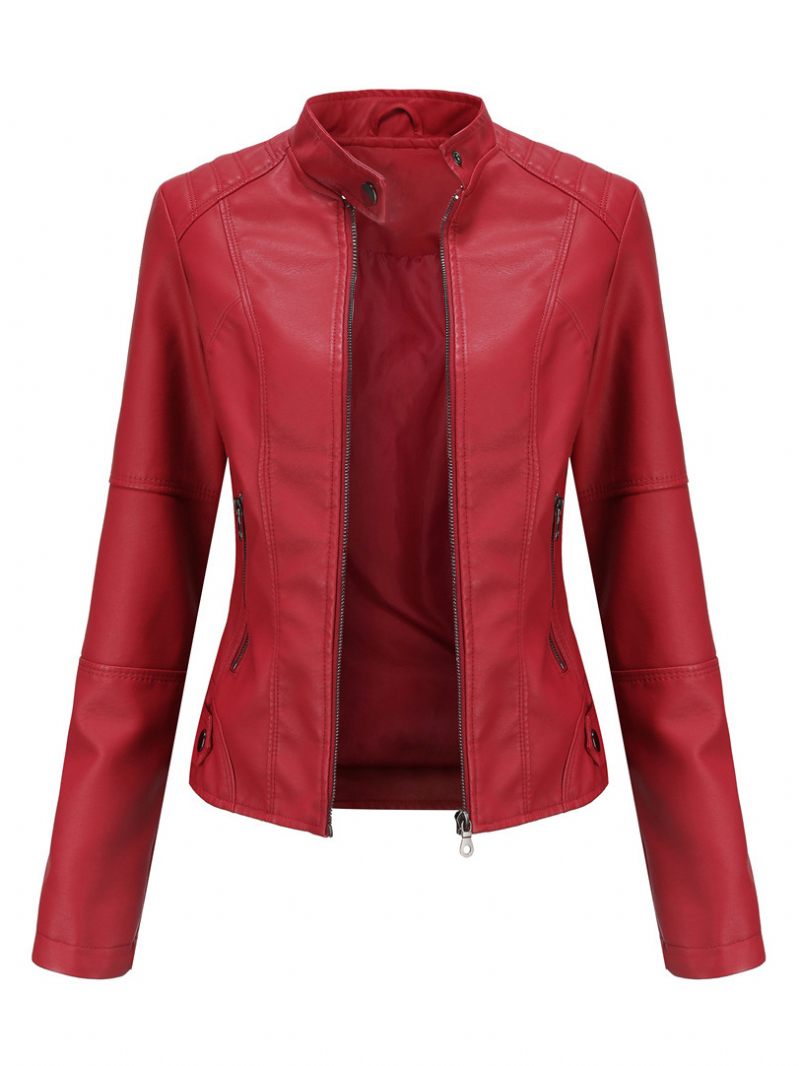 Veste Moto Faux Cuir Col Montant Fermeture Éclair Rouge Couleur Unie Pu Vêtements D'extérieur Motard Pour Femmes Printemps Et Automne - Rouge