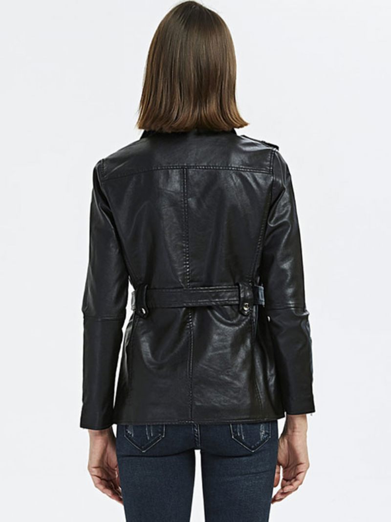Veste Moto Simili Cuir Noir Fermeture Éclair Pu Col Rabattu Manches Longues Style Petit Ami Vêtements D'extérieur Motard Pour Femmes Printemps Et Automne - Noir