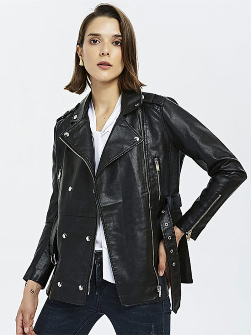 Veste Moto Simili Cuir Noir Fermeture Éclair Pu Col Rabattu Manches Longues Style Petit Ami Vêtements D'extérieur Motard Pour Femmes Printemps Et Automne - Noir