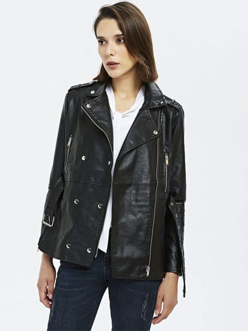 Veste Moto Simili Cuir Noir Fermeture Éclair Pu Col Rabattu Manches Longues Style Petit Ami Vêtements D'extérieur Motard Pour Femmes Printemps Et Automne - Noir