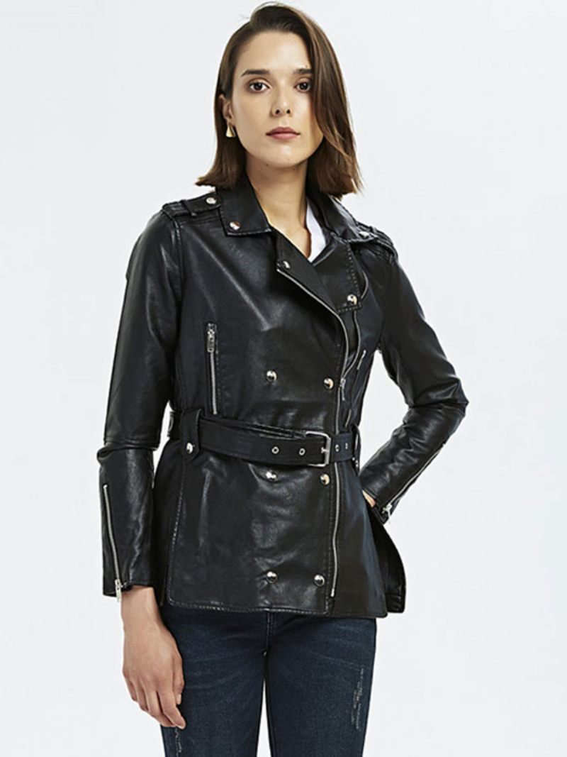 Veste Moto Simili Cuir Noir Fermeture Éclair Pu Col Rabattu Manches Longues Style Petit Ami Vêtements D'extérieur Motard Pour Femmes Printemps Et Automne - Noir