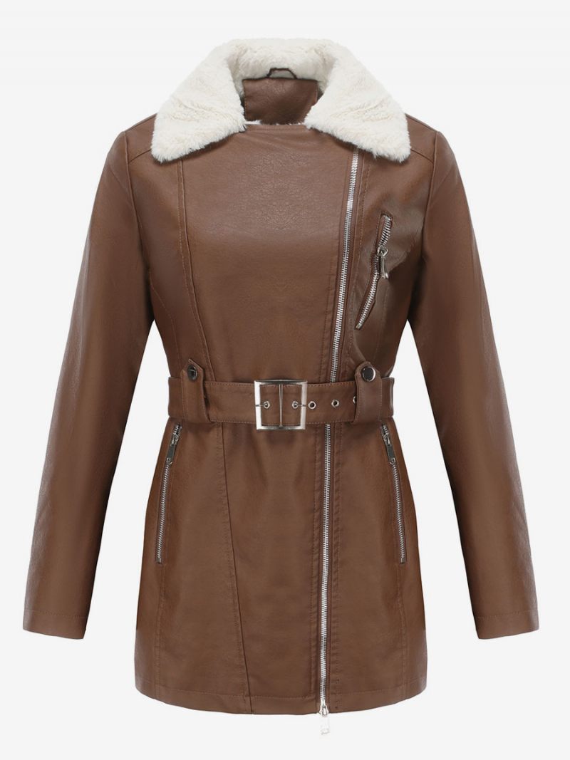 Vestes Pour Femmes Col Rabattu Bicolore Asymétrique Fermeture À Glissière Casual Zipper Street Wear Veste Noire Les - Marron Café