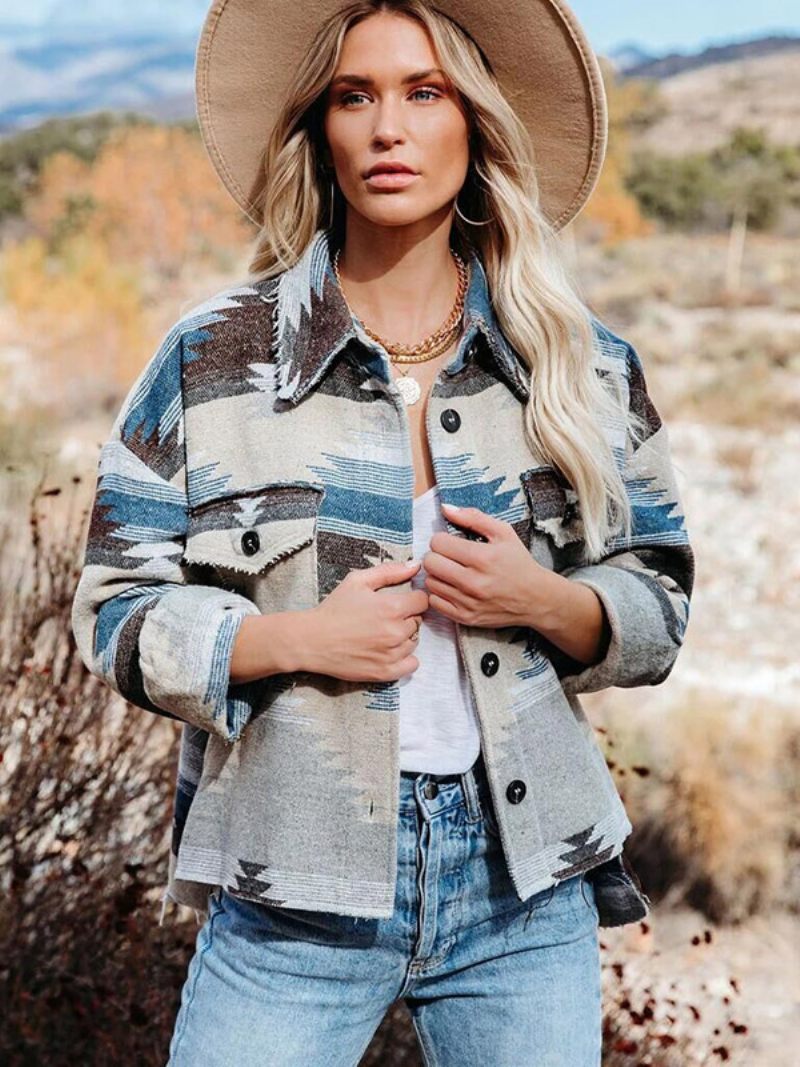 Vestes Imprimées Aztèques Pour Femmes Poches À Rabat Manches Longues Veste D'automne Et Printemps - Bleu