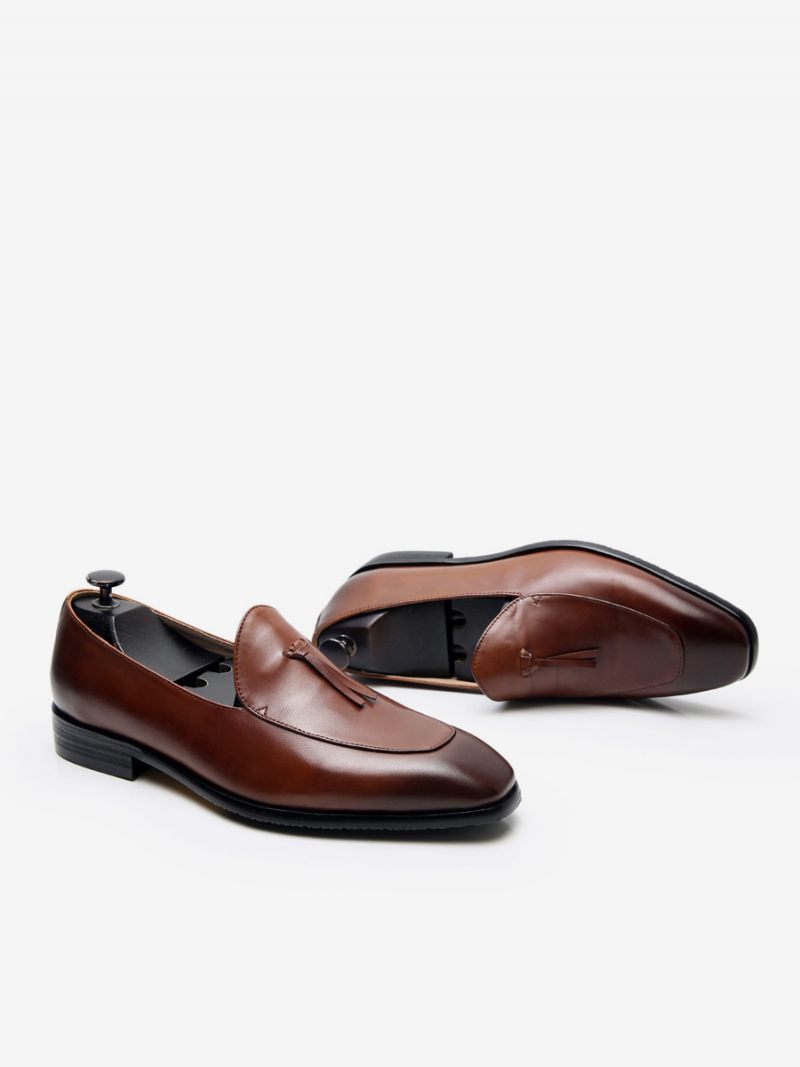 Mocassins À Enfiler Cuir Vache Pour Homme Chaussures Bal Mariage Bout Rond - Marron Café