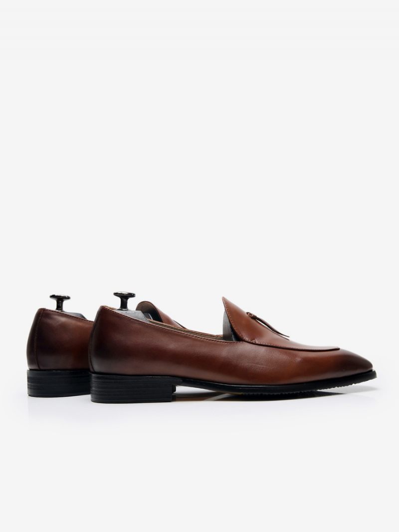 Mocassins À Enfiler Cuir Vache Pour Homme Chaussures Bal Mariage Bout Rond - Marron Café