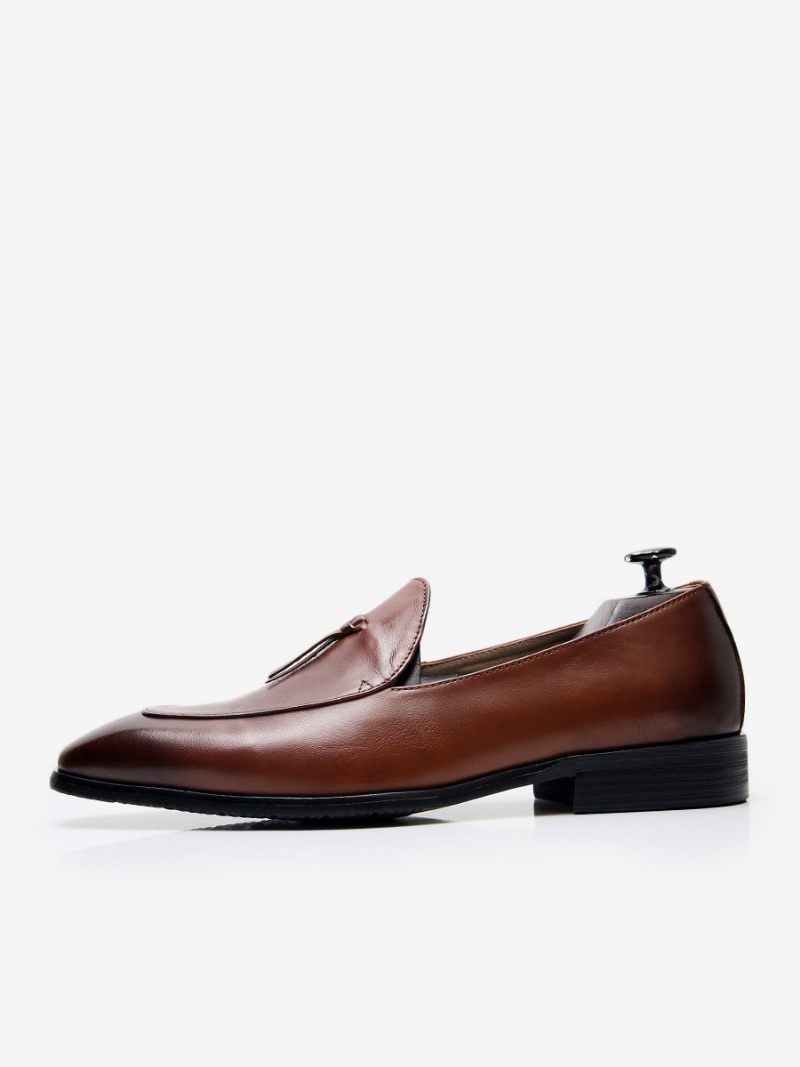 Mocassins À Enfiler Cuir Vache Pour Homme Chaussures Bal Mariage Bout Rond - Marron Café