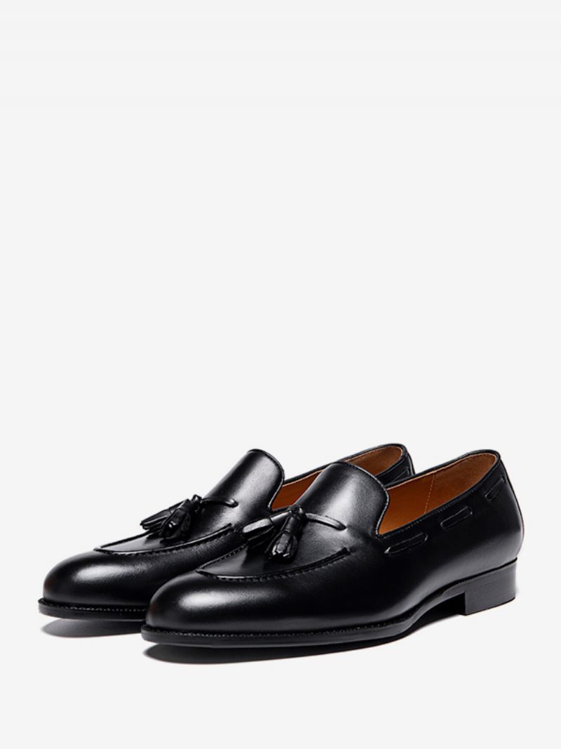 Mocassins Mne Pour Hommes Cuir Vache À Enfiler Avec Pompons Robe Mariée - Noir