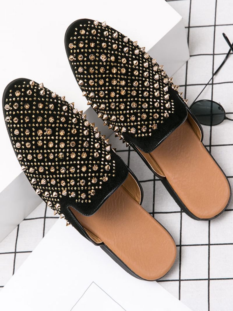Sandales À Enfiler Pour Hommes Avec Rivets Cloutés Semelle Caoutchouc Et Cuir Mules Pointes - Jaune