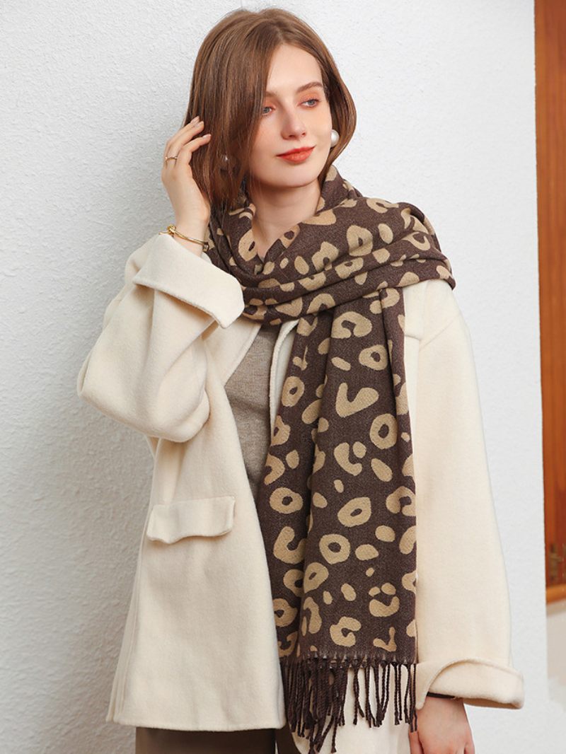 Écharpe Femme Mode Imprimé Léopard Frange Fibre Hiver Écharpes Chaudes - Kaki