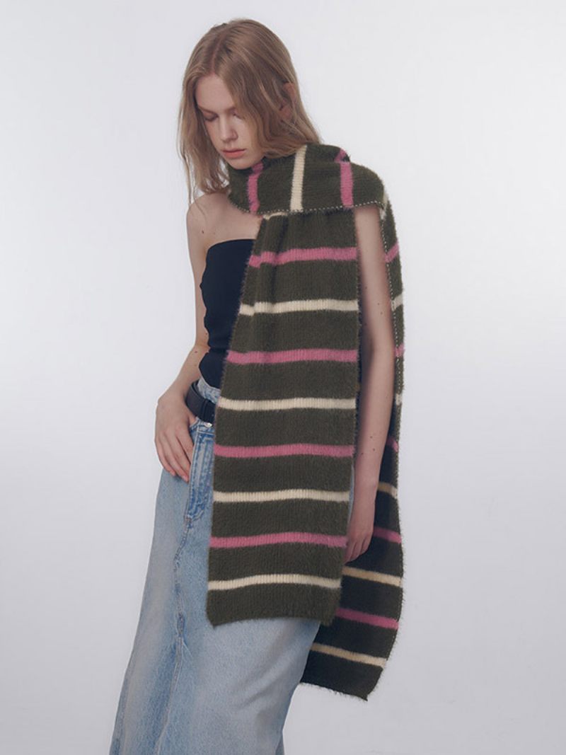 Écharpe À Rayures Classiques Automne Hiver Silencieux Vintage Pour Femme - Vert Chasseur