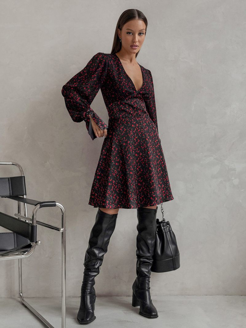 Mini Robe Florale Pour Femmes Manches Longues Col V Plissée Chic Robes Courtes Jour