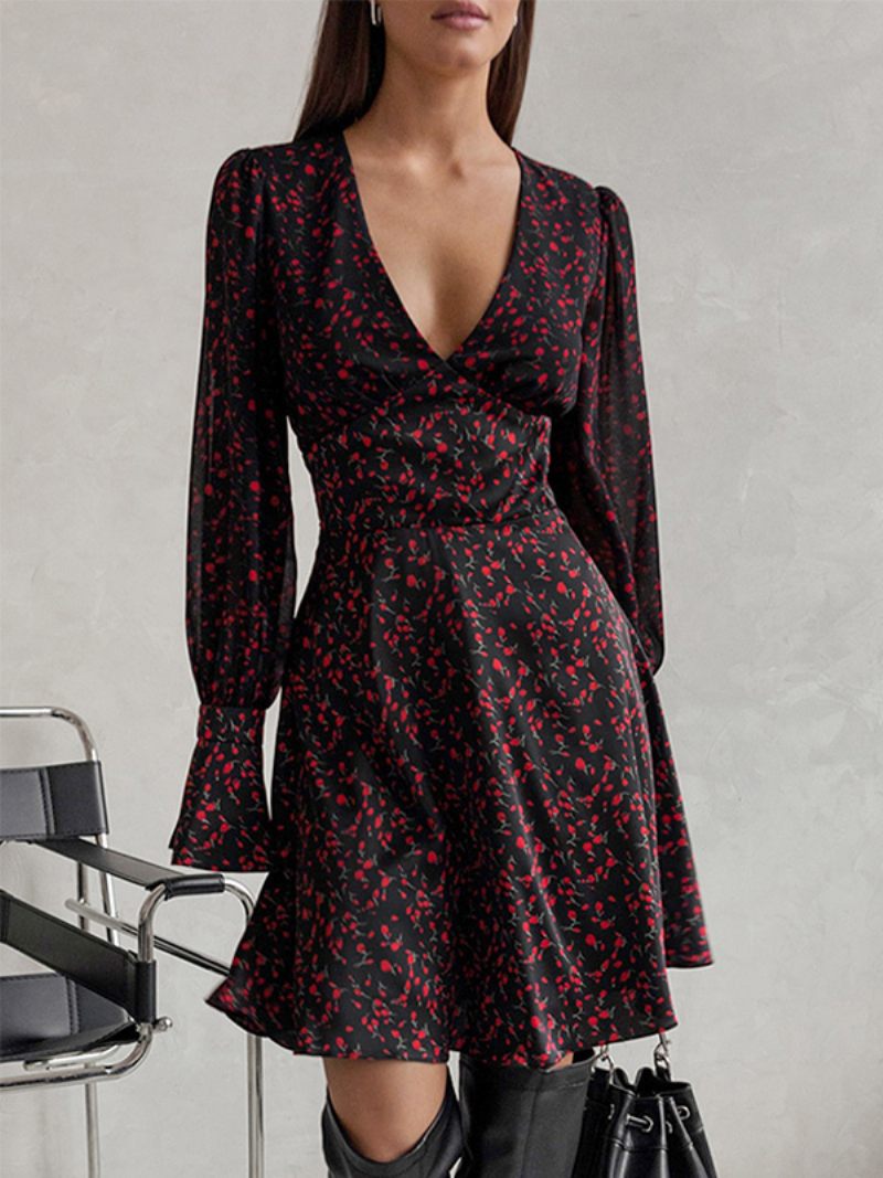 Mini Robe Florale Pour Femmes Manches Longues Col V Plissée Chic Robes Courtes Jour - Noir
