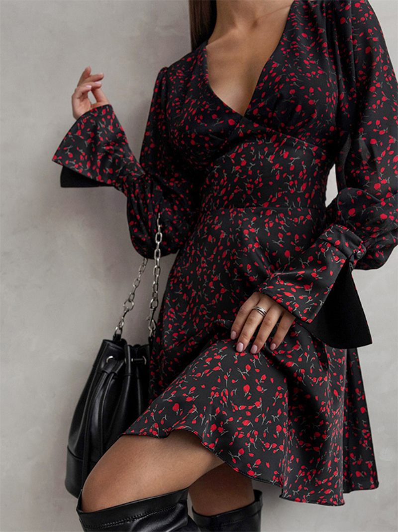 Mini Robe Florale Pour Femmes Manches Longues Col V Plissée Chic Robes Courtes Jour - Noir
