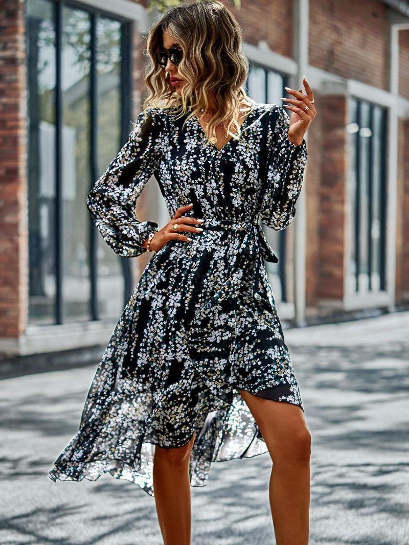 Robe Boho Pour Femmes Col V Manches Longues Imprimé Floral Plage À Lacets - Noir