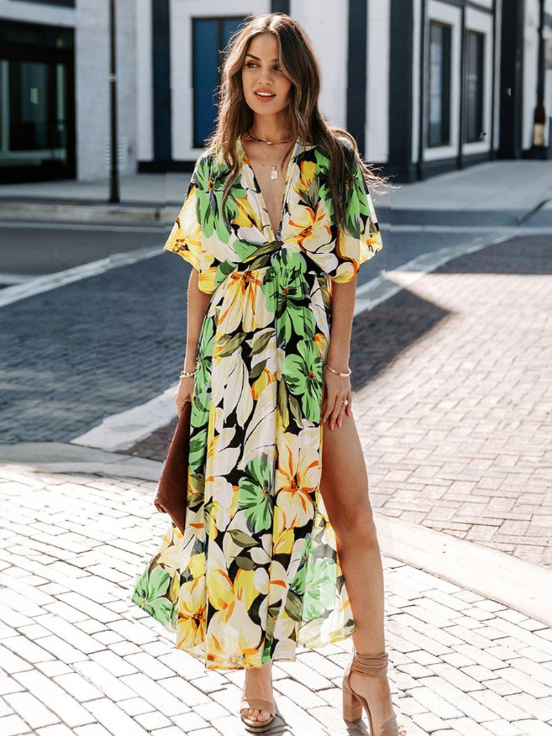 Robe D'été Pour Femmes Col V Imprimé Floral Longue Plage Bleue - Vert