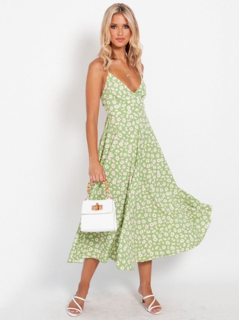 Robe D'été Tournesol Pour Femmes Imprimé Floral Trapèze Plage - Vert Herbe
