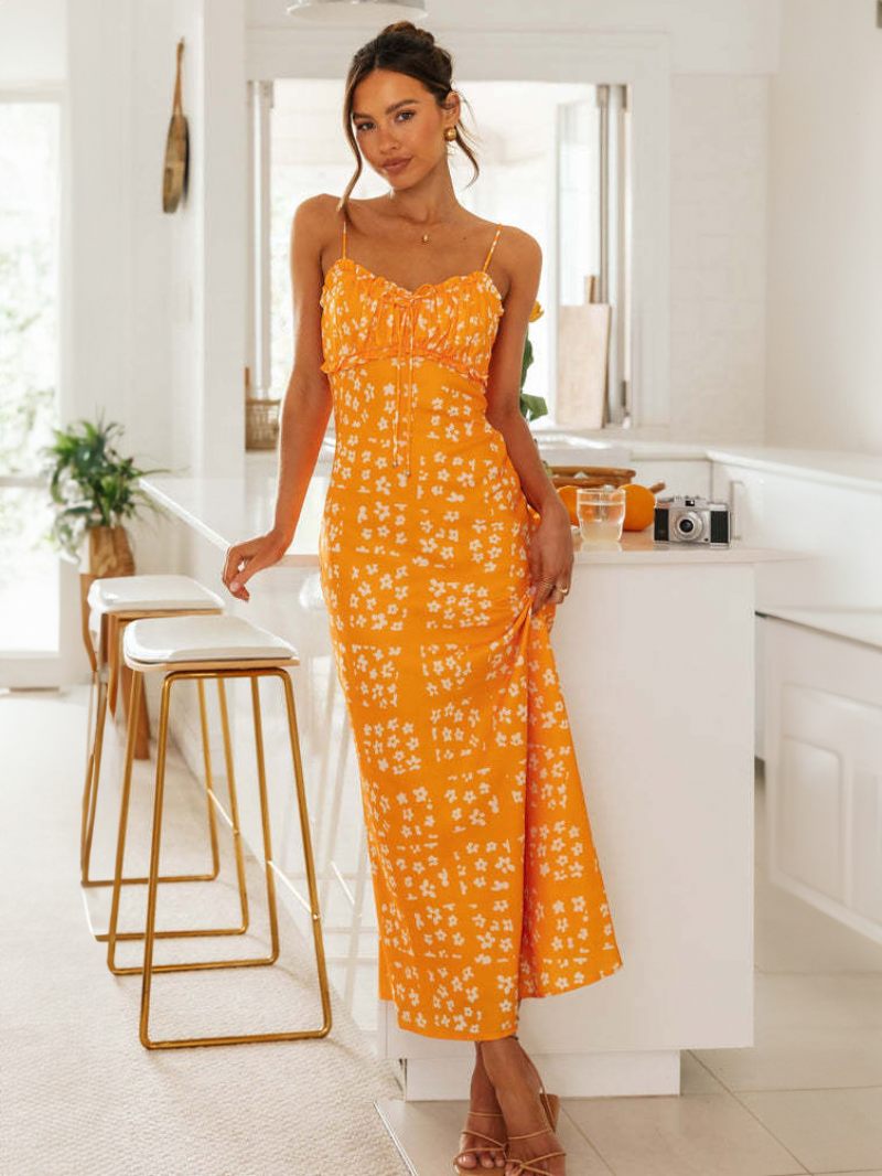 Robe Florale Pour Femmes Bretelles Spaghetti Réglables Dos Nu Robes Maxi D'été - Orange