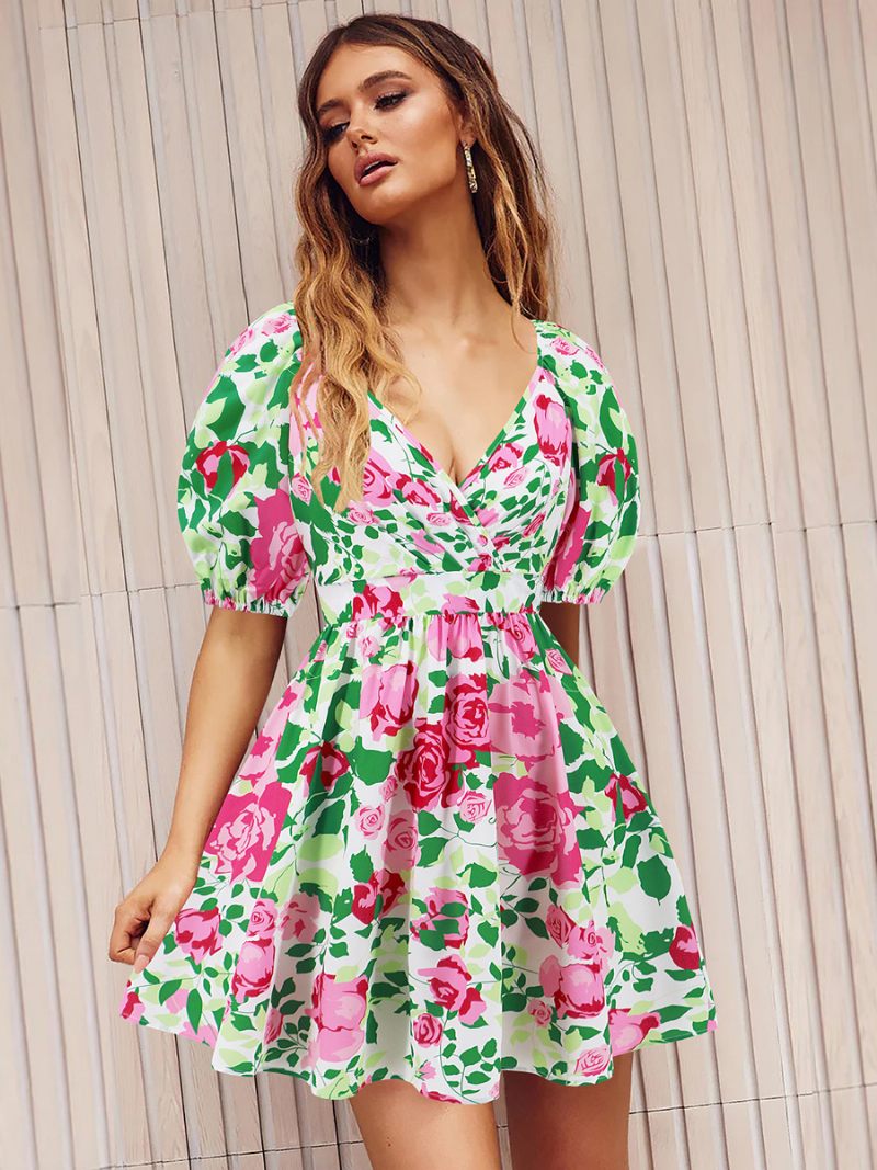 Robe Florale Pour Femmes Col V Manches Bouffantes Découpe Décontractée Robes Courtes D'été