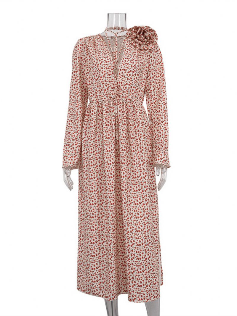 Robe Florale Pour Femmes Décolleté Plongeant Fente Haute Manches Longues Tenue D'affaires Décontractée Maxi - Jaune Clair