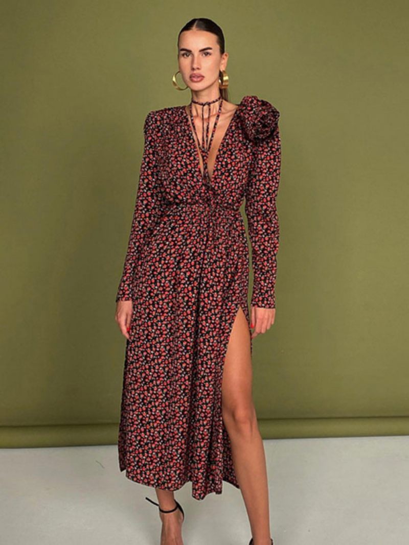 Robe Florale Pour Femmes Décolleté Plongeant Fente Haute Manches Longues Tenue D'affaires Décontractée Maxi - Noir