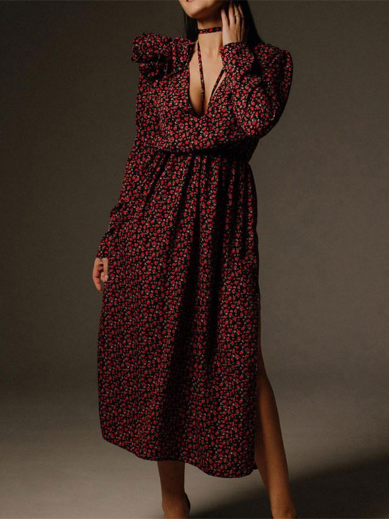 Robe Florale Pour Femmes Décolleté Plongeant Fente Haute Manches Longues Tenue D'affaires Décontractée Maxi - Noir