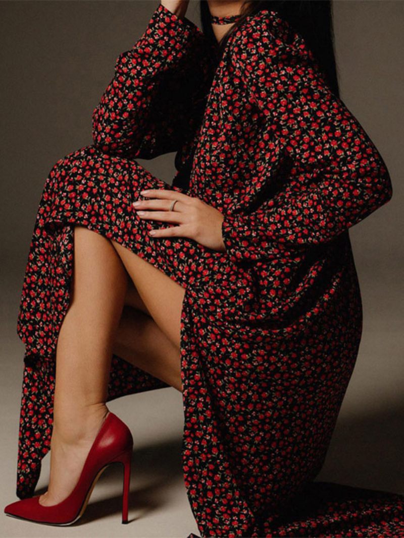 Robe Florale Pour Femmes Décolleté Plongeant Fente Haute Manches Longues Tenue D'affaires Décontractée Maxi - Noir