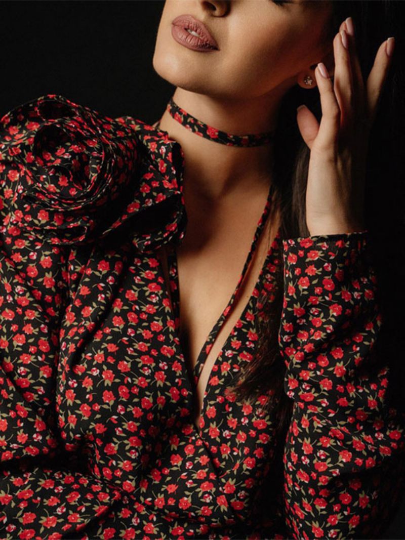 Robe Florale Pour Femmes Décolleté Plongeant Fente Haute Manches Longues Tenue D'affaires Décontractée Maxi - Noir