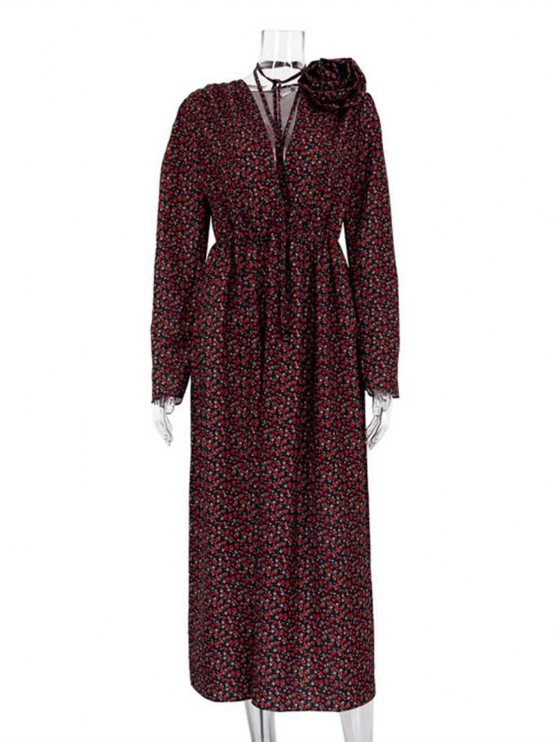 Robe Florale Pour Femmes Décolleté Plongeant Fente Haute Manches Longues Tenue D'affaires Décontractée Maxi - Noir