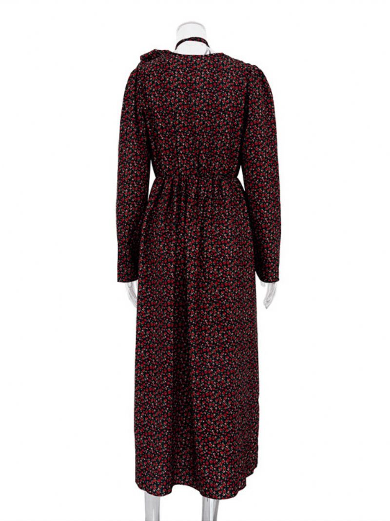 Robe Florale Pour Femmes Décolleté Plongeant Fente Haute Manches Longues Tenue D'affaires Décontractée Maxi - Noir