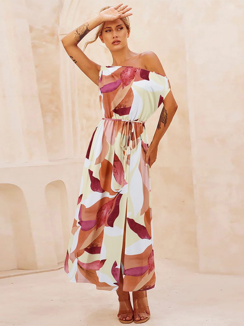 Robe Imprimée Pour Femmes Asymétrique Épaule Dénudée Ceinturée Fente Haute Robes Mi-longues D'été