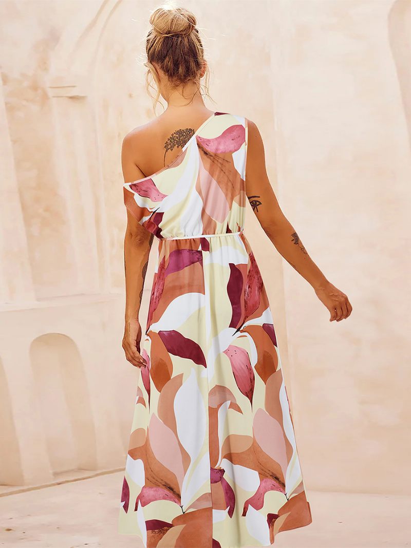 Robe Imprimée Pour Femmes Asymétrique Épaule Dénudée Ceinturée Fente Haute Robes Mi-longues D'été - Jaune Clair