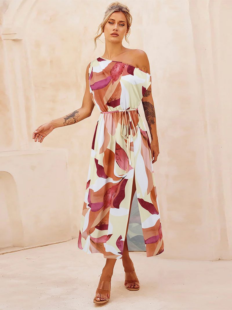 Robe Imprimée Pour Femmes Asymétrique Épaule Dénudée Ceinturée Fente Haute Robes Mi-longues D'été - Jaune Clair