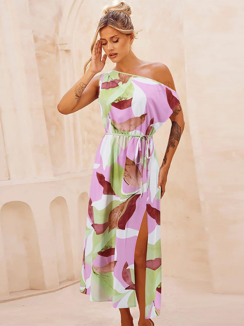 Robe Imprimée Pour Femmes Asymétrique Épaule Dénudée Ceinturée Fente Haute Robes Mi-longues D'été - Violet