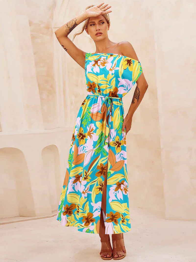 Robe Imprimée Pour Femmes Asymétrique Épaule Dénudée Ceinturée Fente Haute Robes Mi-longues D'été - Bleu