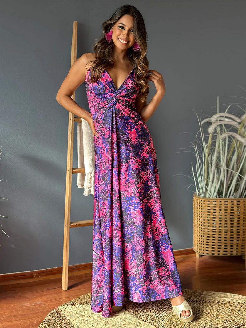 Robe Imprimée Pour Femmes Col V Bretelles Spaghetti Plissée Décontractée Robes Maxi D'été - Raisin