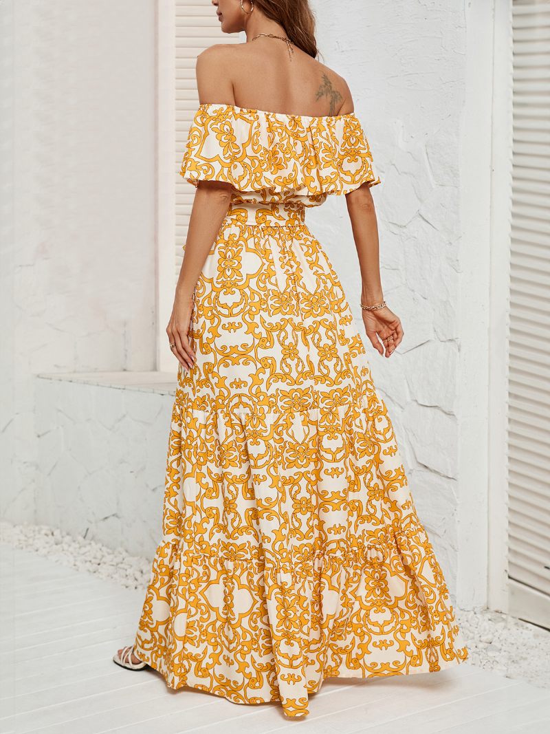 Robe Imprimée Pour Femmes Épaules Dénudées Ceinturée Dos Nu À Plusieurs Niveaux Robes D'été Décontractées - Jaune