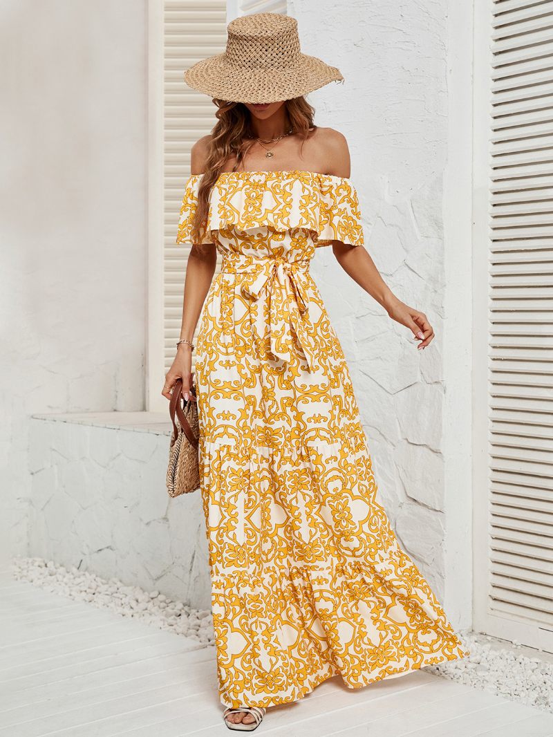 Robe Imprimée Pour Femmes Épaules Dénudées Ceinturée Dos Nu À Plusieurs Niveaux Robes D'été Décontractées - Jaune