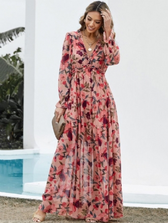 Robe Imprimée Florale Pour Femmes Col V Volants À Plusieurs Niveaux Manches Longues Style Boho Robes Maxi