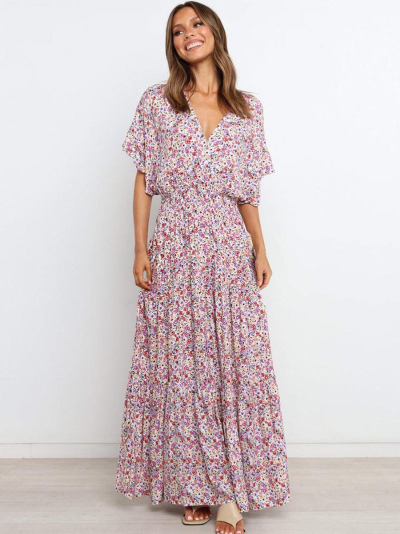 Robe Longue À Fleurs Pour Femmes Imprimé Floral Manches Courtes Col V Décontractée Extensible Sans Couture Ouverte Automne