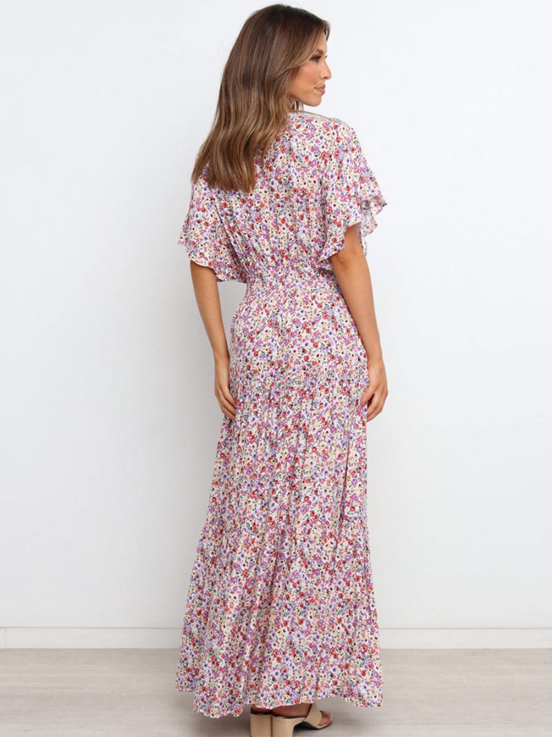 Robe Longue À Fleurs Pour Femmes Imprimé Floral Manches Courtes Col V Décontractée Extensible Sans Couture Ouverte Automne - Blanc