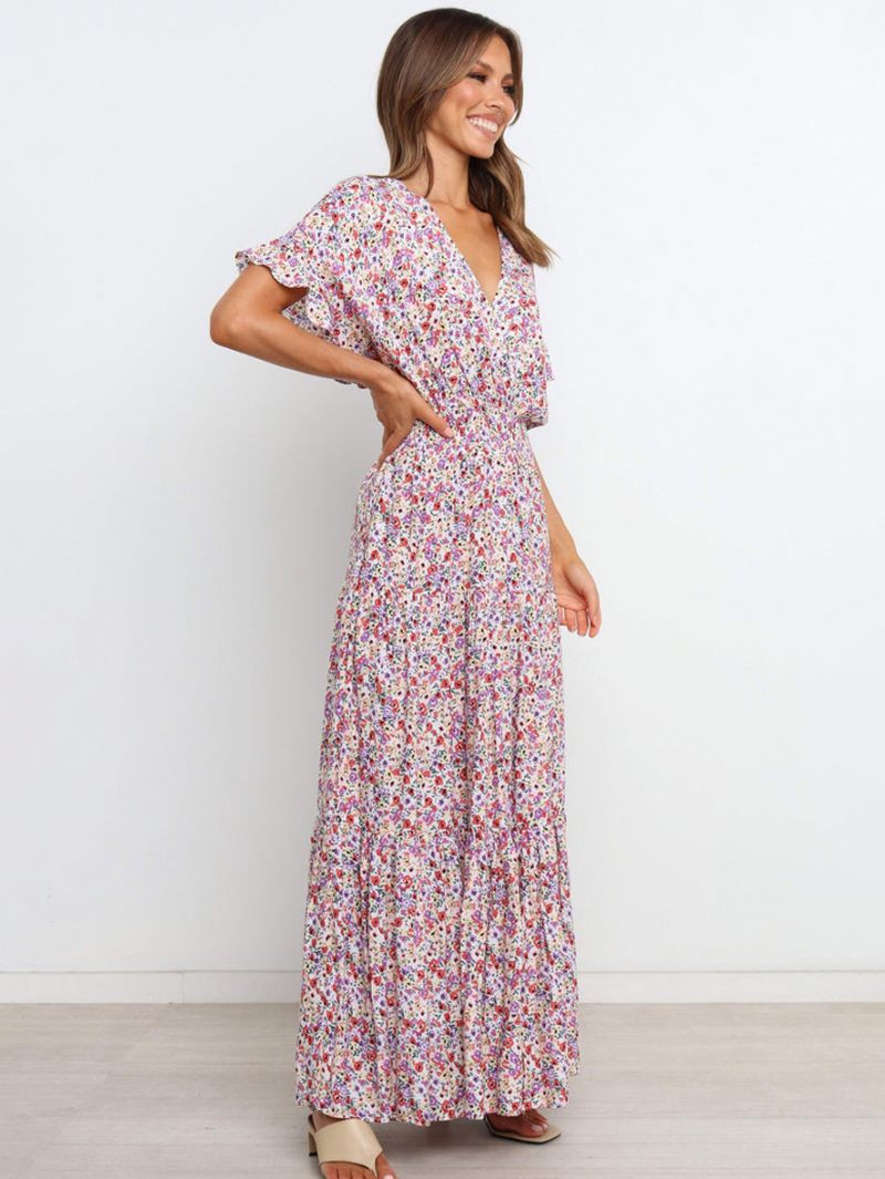 Robe Longue À Fleurs Pour Femmes Imprimé Floral Manches Courtes Col V Décontractée Extensible Sans Couture Ouverte Automne - Blanc