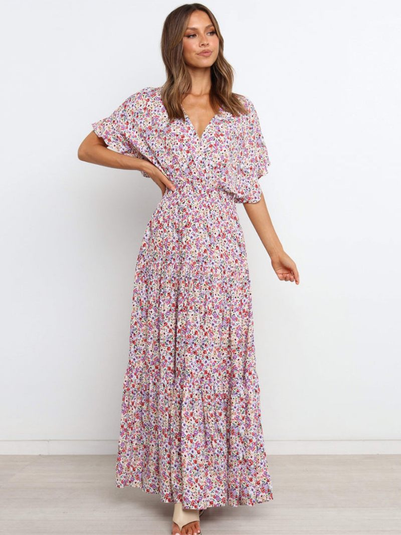 Robe Longue À Fleurs Pour Femmes Imprimé Floral Manches Courtes Col V Décontractée Extensible Sans Couture Ouverte Automne - Blanc