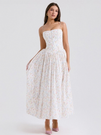 Robe Longue À Fleurs Pour Femmes Imprimé Floral Sans Manches Bretelles Cou Élégante Plissée Couture Ouverte Été
