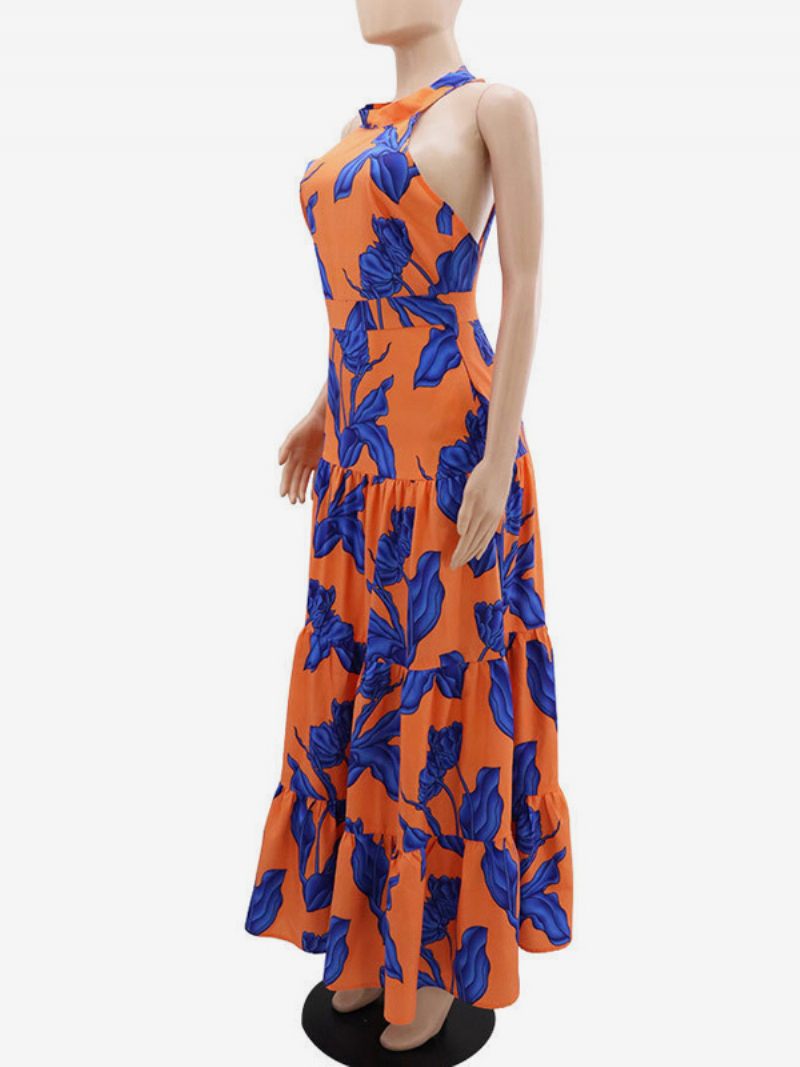 Robe Longue À Fleurs Pour Femmes Imprimée Sans Manches Col Licou Élégante Lacets Printemps - Orange