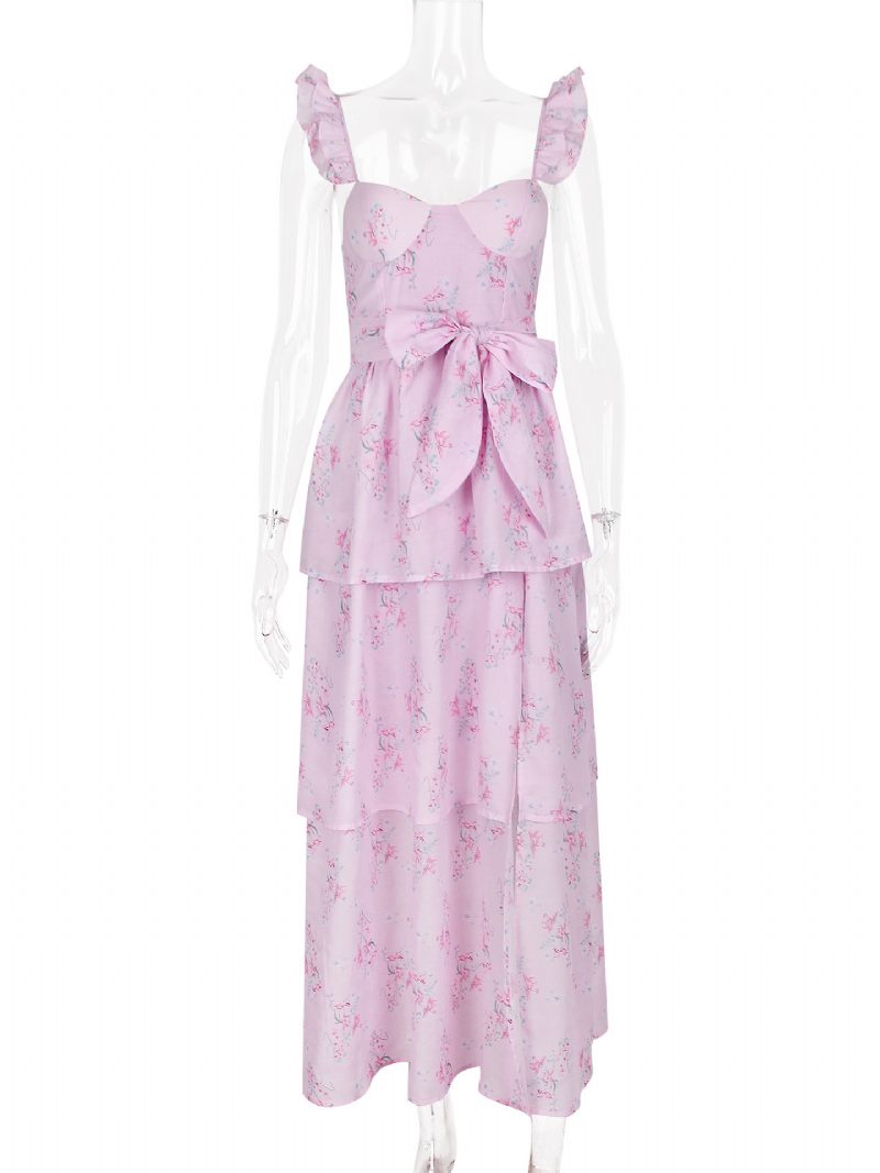 Robe Mi-longue À Fleurs Pour Femmes Imprimé Floral Couches Volants Bretelles Col Sans Manches Fermeture Éclair Chic Longue Automne - Rose