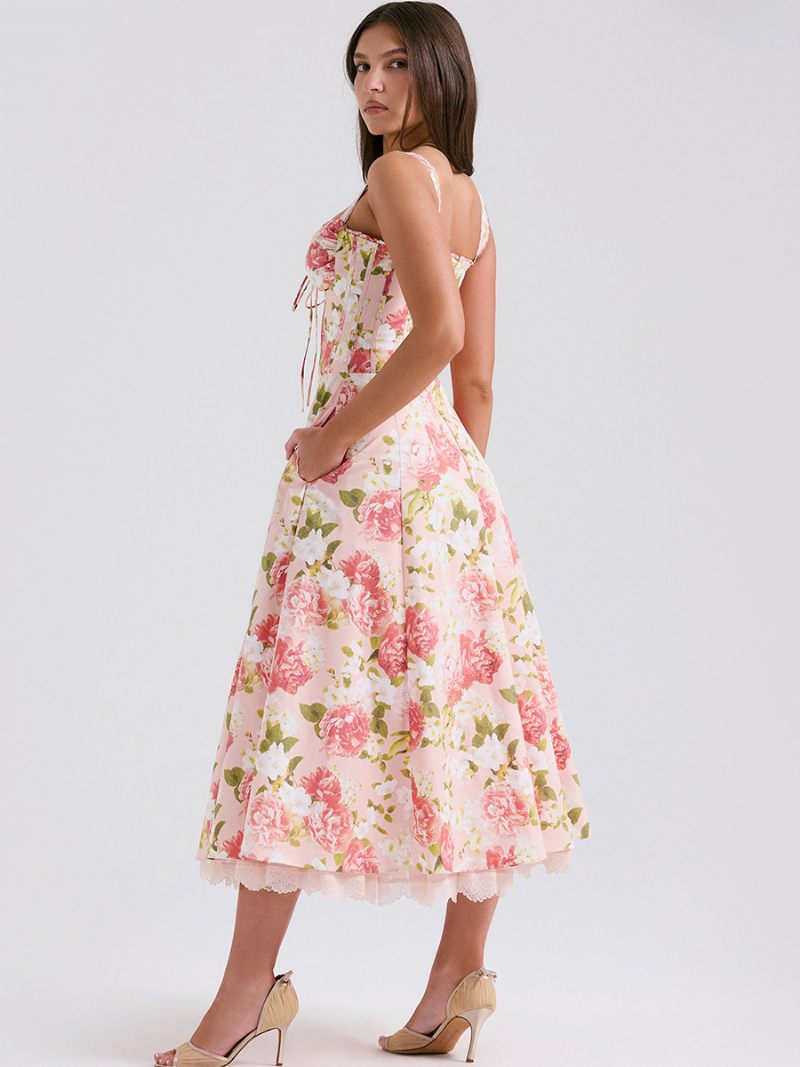 Robe Mi-longue À Fleurs Pour Femmes Imprimé Floral Sans Manches Bretelles Col Sexy Lacets Longue Automne - Rouge