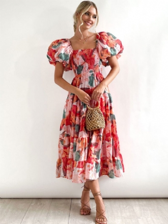 Robe Mi-longue Imprimée Florale Pour Femmes Superposée Plissée Col Carré Manches Courtes Dos Nu D'été Bohème