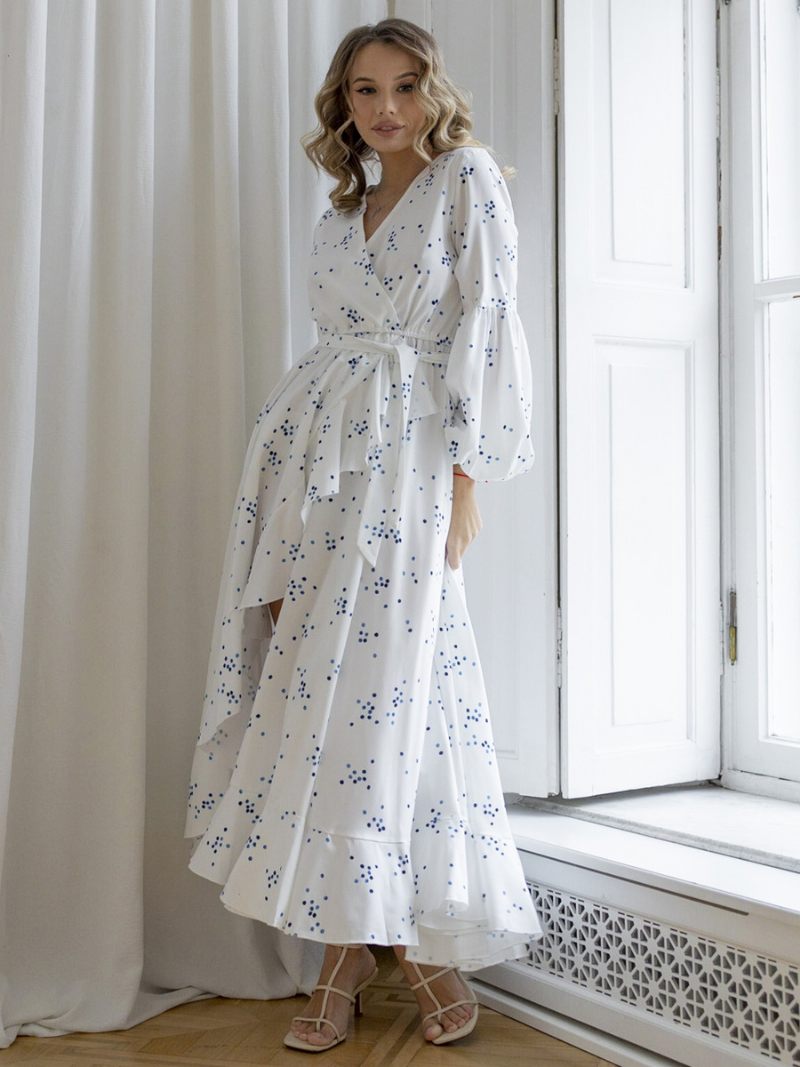 Robe Mi-longue Imprimée À Volants Col V Ceinture Haut Et Bas Pour Femmes