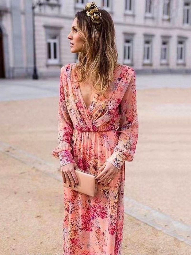 Robes Longues Pour Femmes Manches Robe Longue Imprimée Rose À Col V - Rose